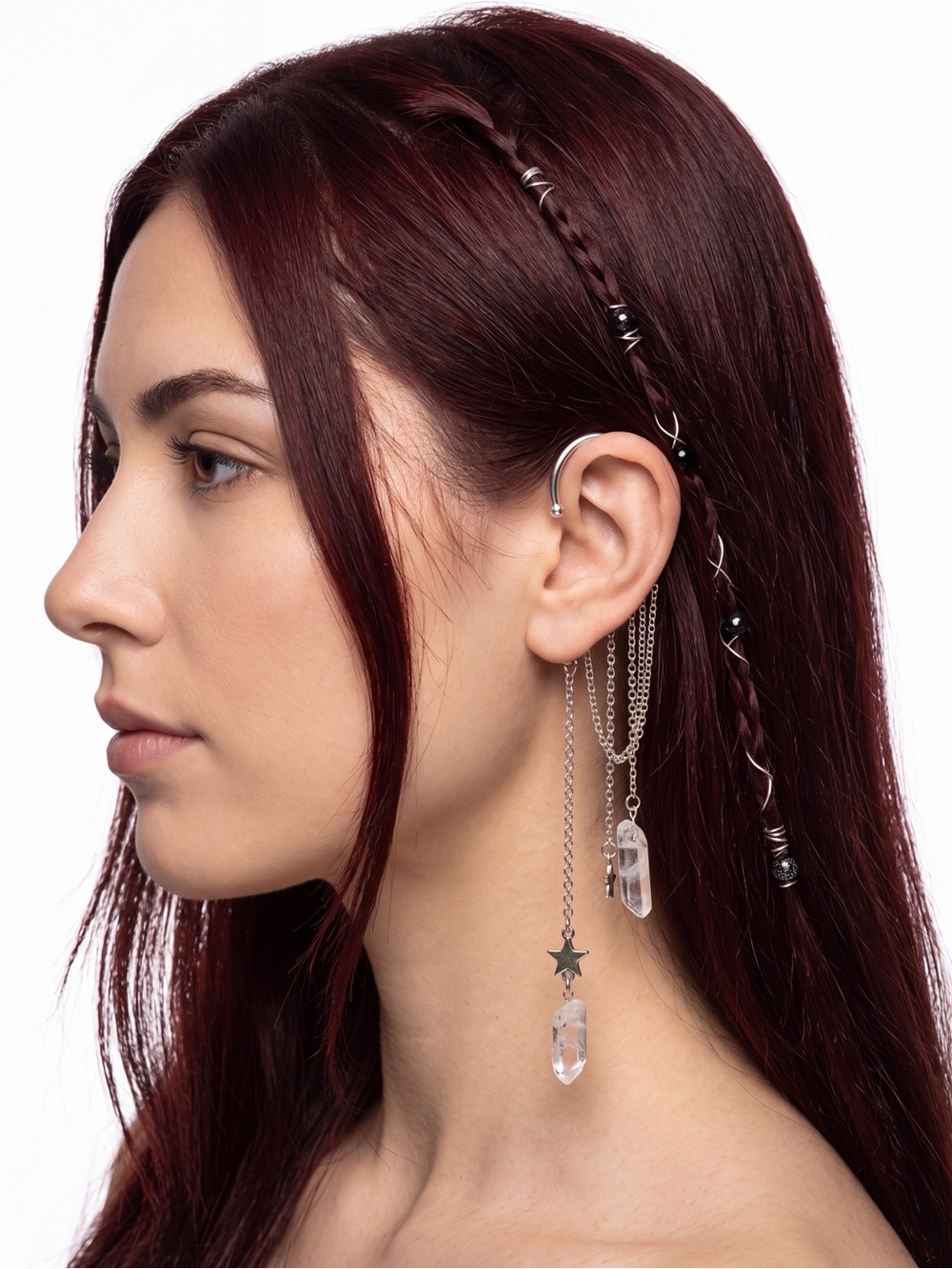 Silver Quartz Tassel Ear Cuff Celestial Non-Pierced Earring NWT